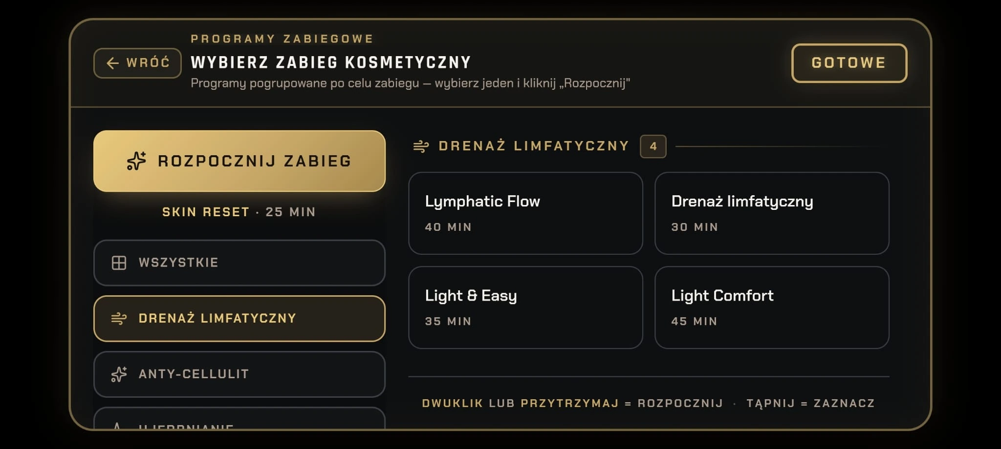 Programy zabiegowe EMS GO — ekran aplikacji udostępniony przez właściciela