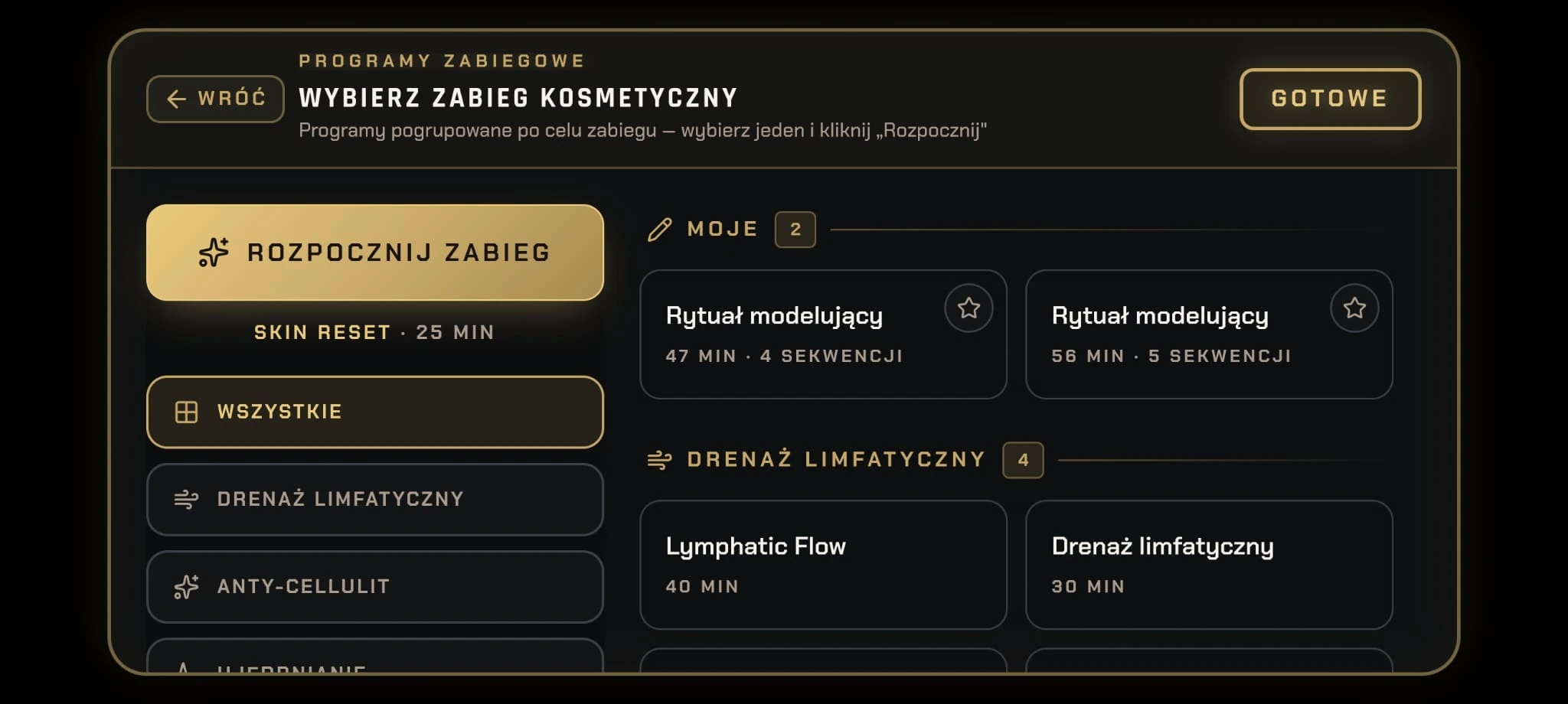 Własne rytuały modelujące i wybrany Skin Reset w aplikacji EMS GO